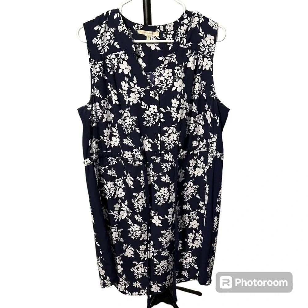 41 Hawthorne XL Floral Womens Knee Length Dress Black White Slimming Tie Waist